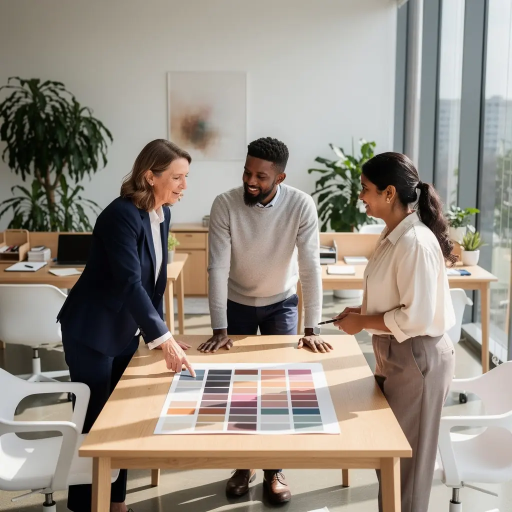 Helle Farben und natürliche Materialien fördern Produktivität und Mitarbeiterzufriedenheit.